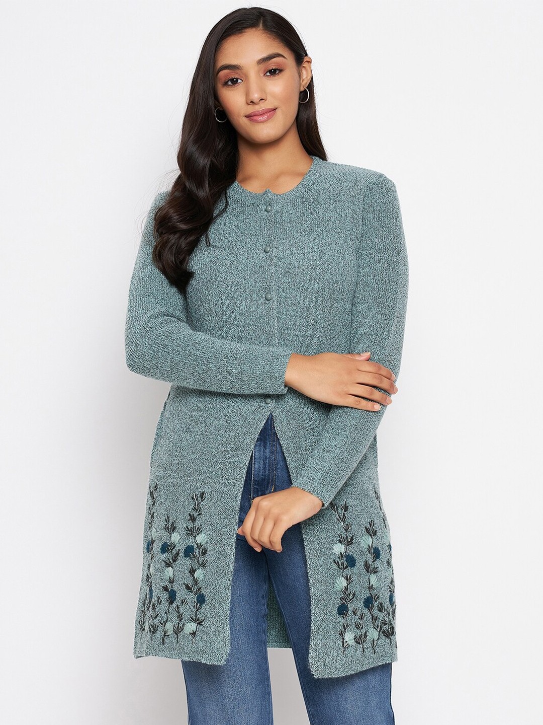 

CLAPTON Floral Embroidered Woollen Longline Cardigan Sweaters, Green