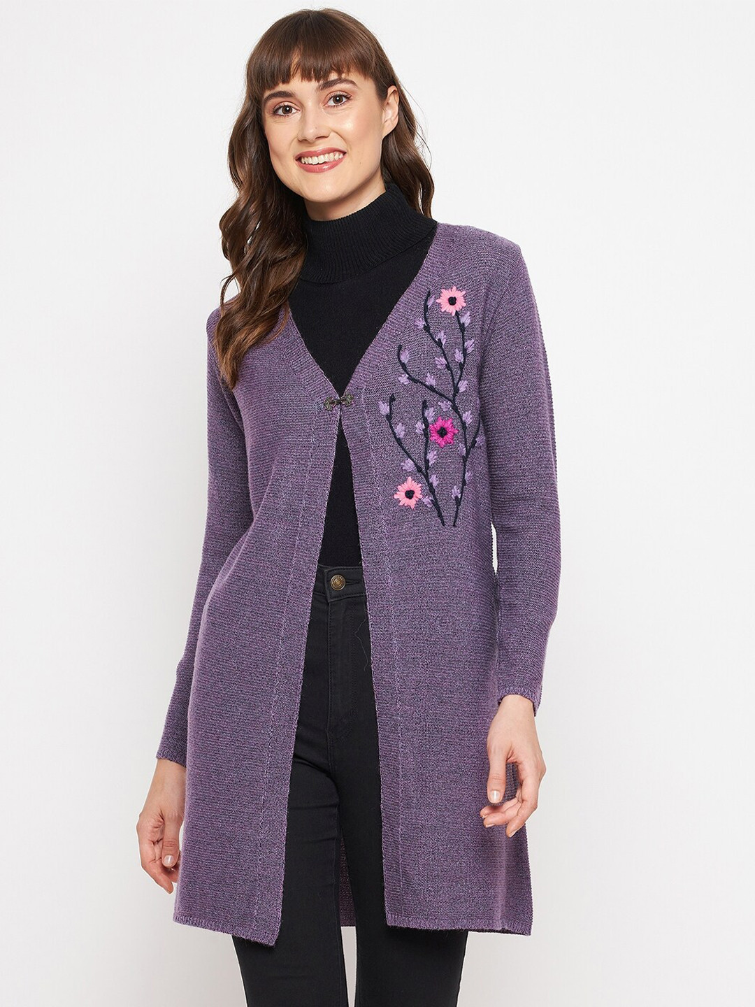 

CLAPTON Women Purple & Black Floral Woollen Longline with Embroidered Detail
