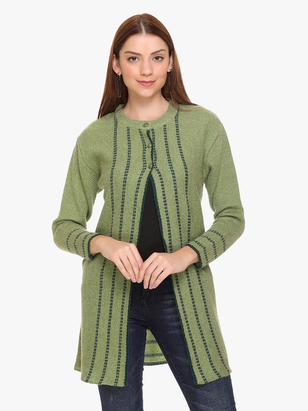 

CLAPTON Striped Embroidered Woollen Longline Front Open Sweaters, Green