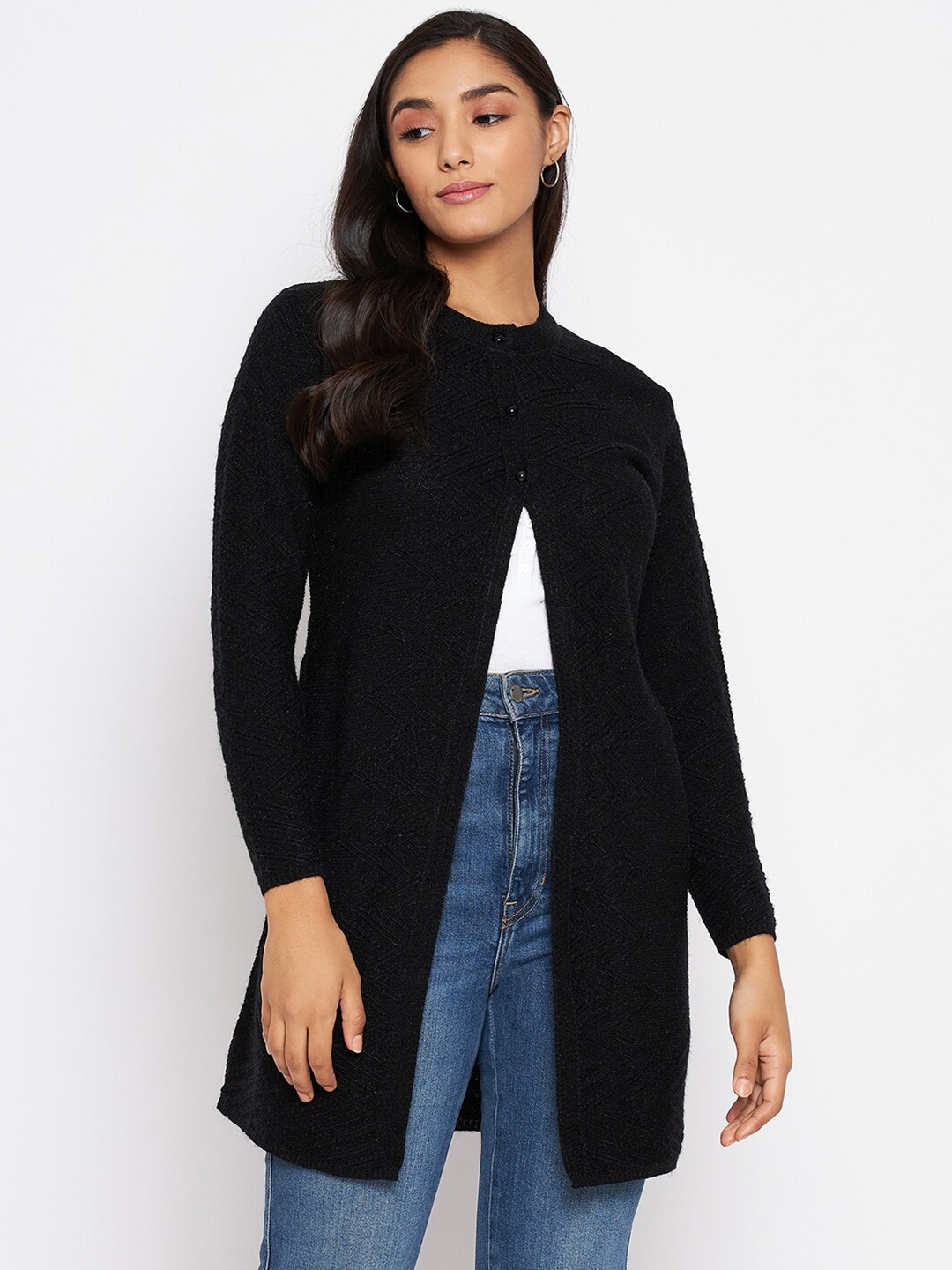 

CLAPTON Geometric Self Design Woollen Longline Cardigan Sweaters, Black