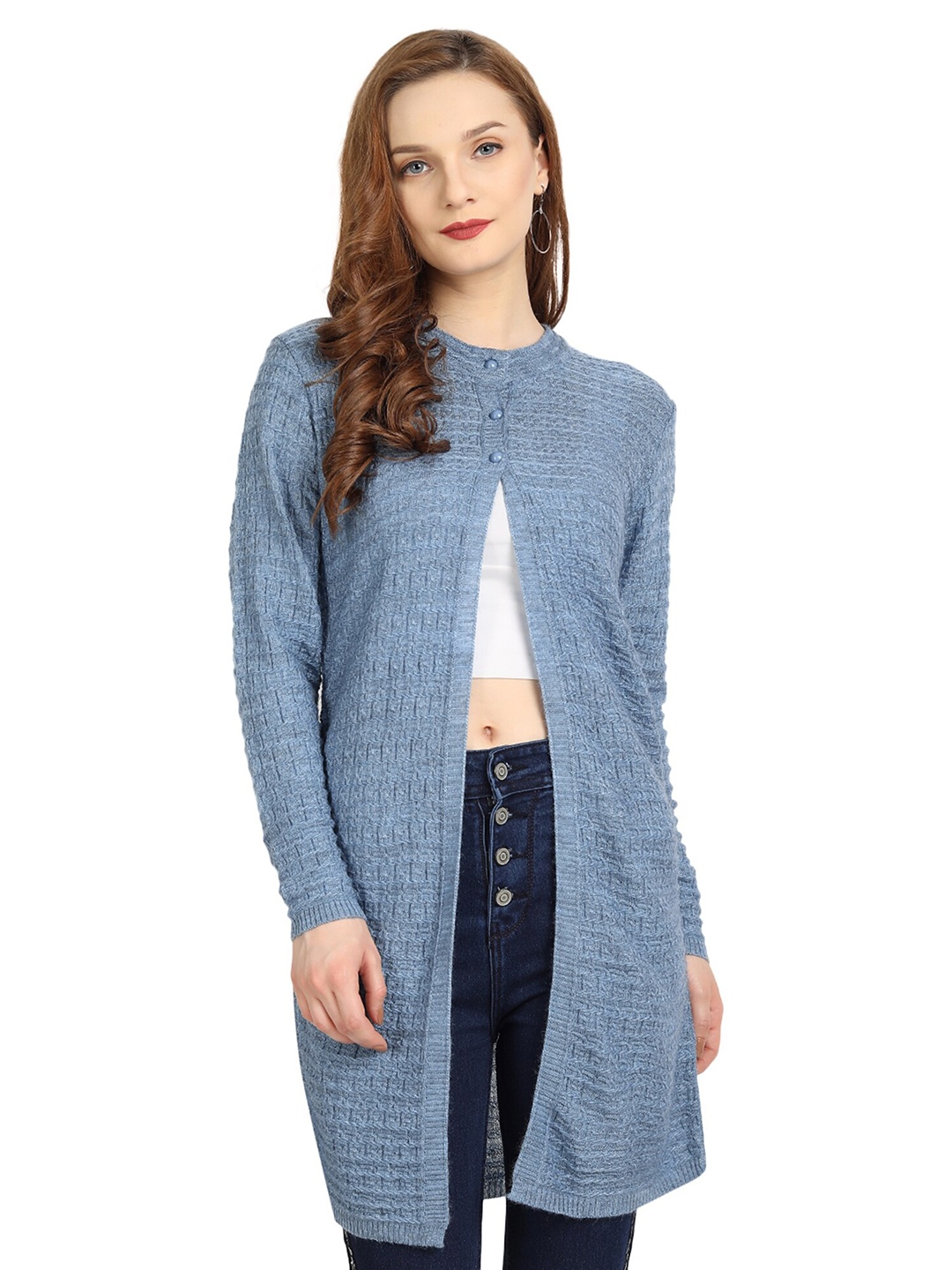 

CLAPTON Self Design Cable Knit Woollen Longline Cardigan Sweaters, Blue