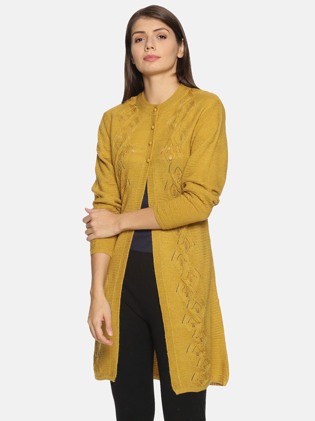 

CLAPTON Self Design Open Knit Woollen Longline Cardigan Sweaters, Gold