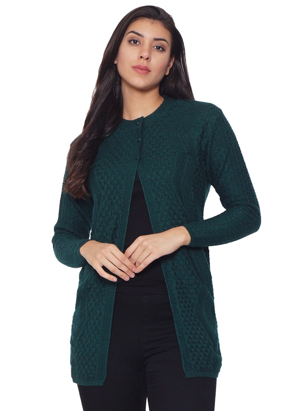 

CLAPTON Self Design Cable Knit Woollen Longline Cardigan Sweaters, Green