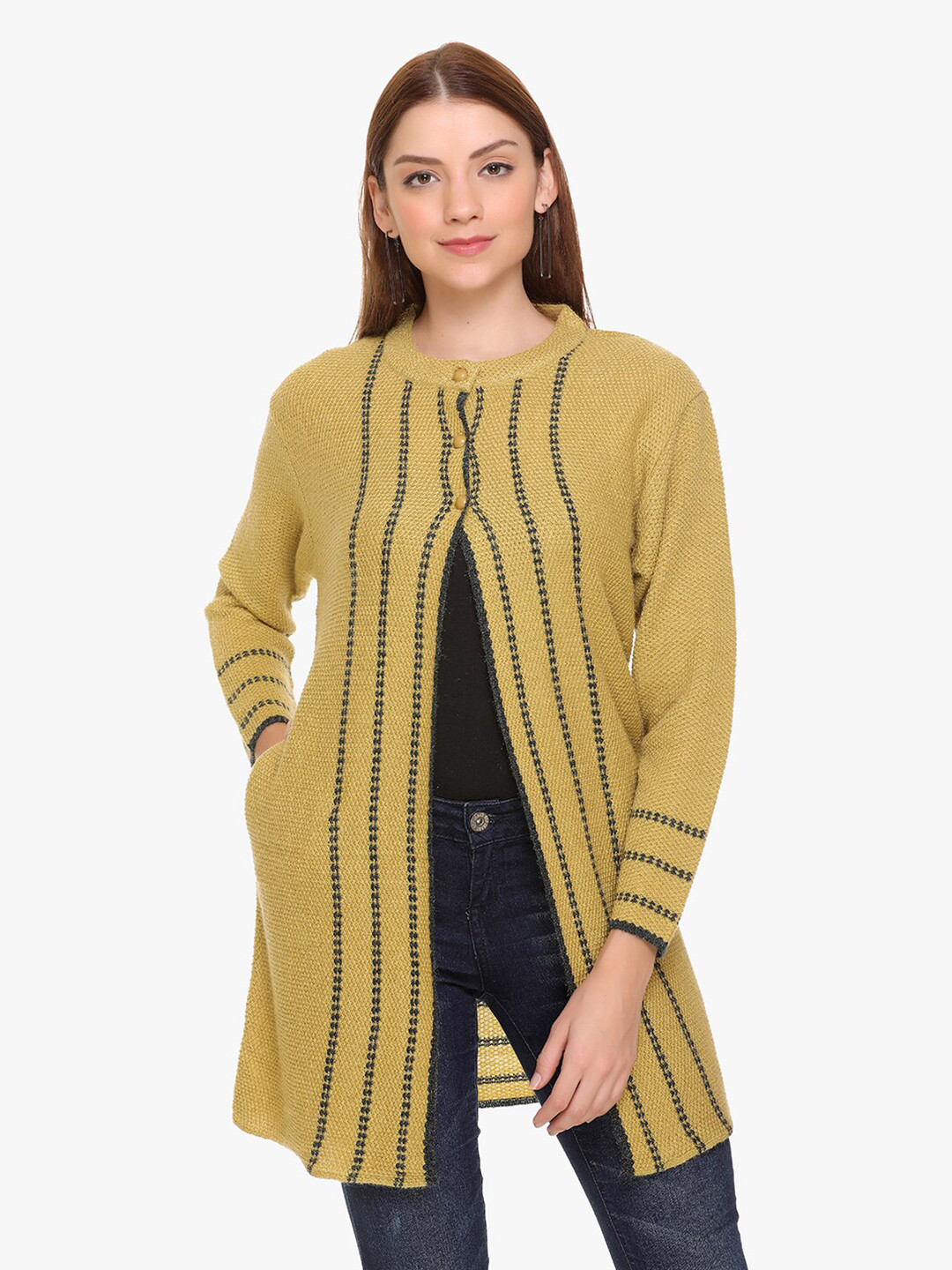 

CLAPTON Striped Woollen Longline Front Open Sweaters, Yellow