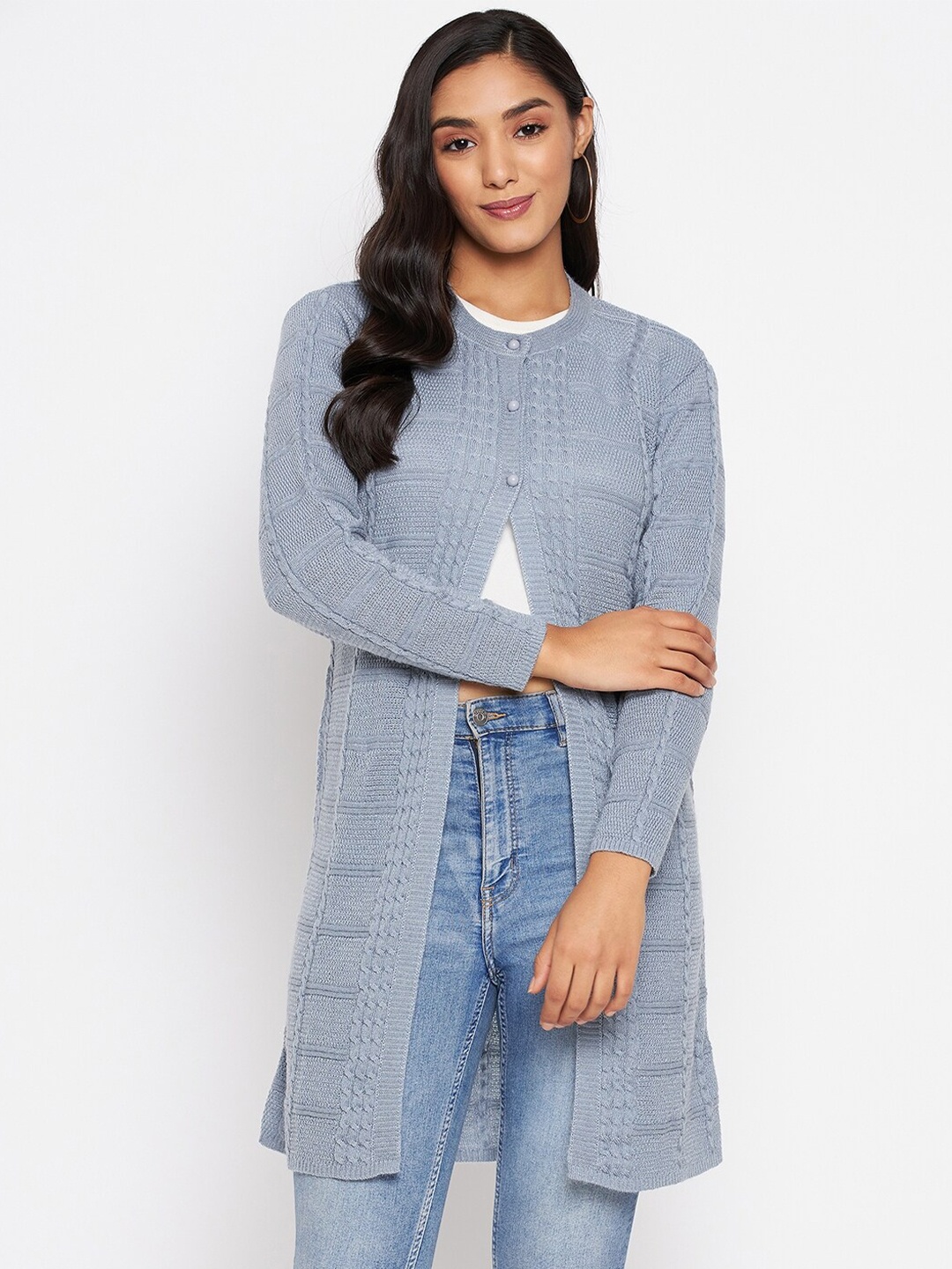 

CLAPTON Self Design Cable Knit Woollen Longline Front Open Sweaters, Blue