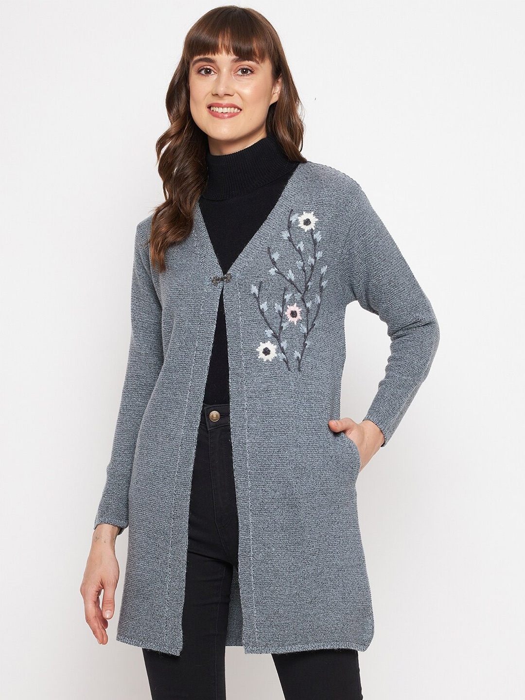 

CLAPTON Women Grey Floral Woollen Longline with Embroidered Detail