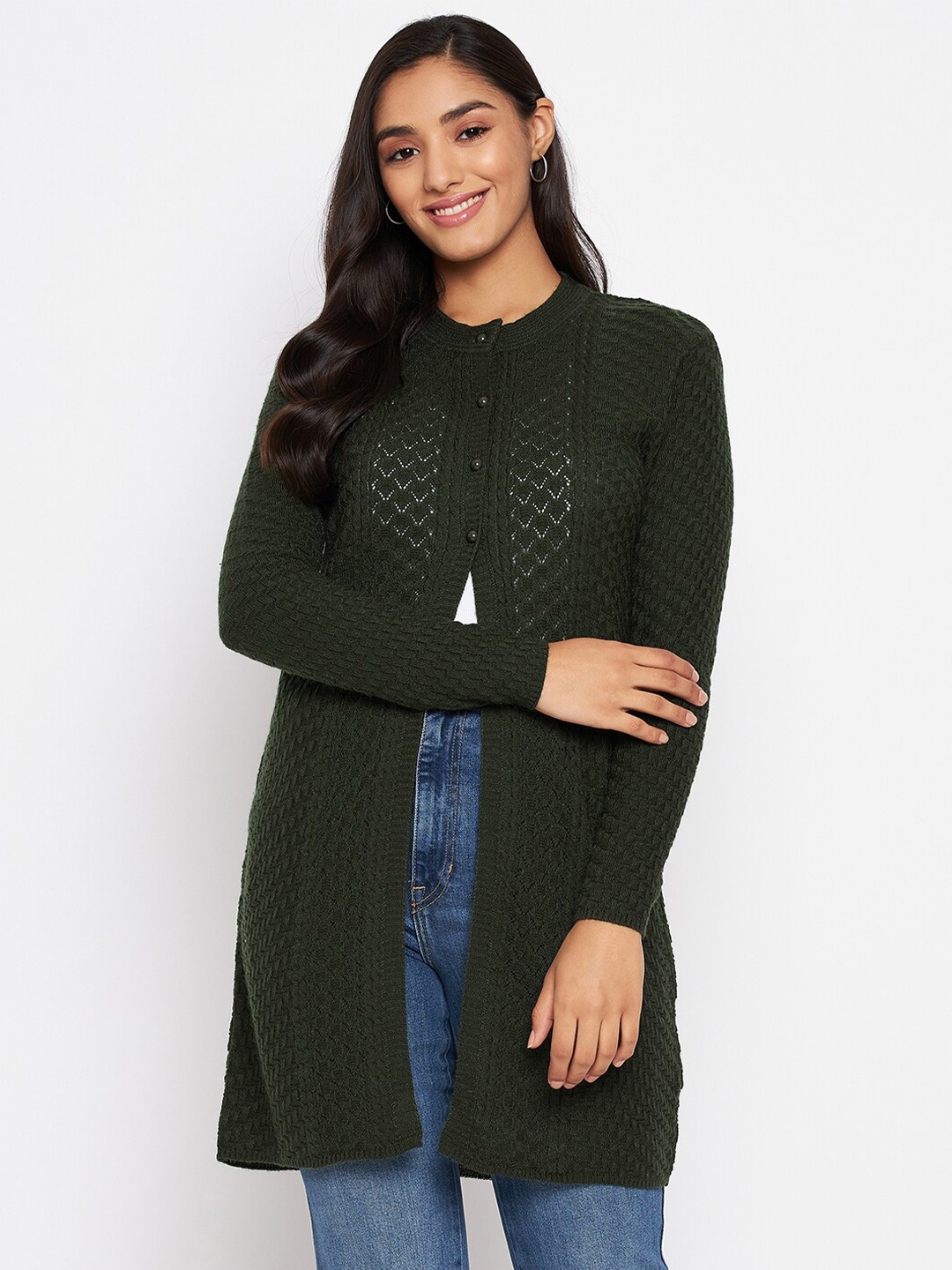 

CLAPTON Self Design Open Knit Woollen Longline Cardigan Sweaters, Green