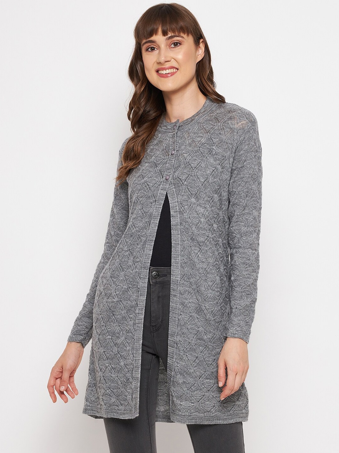 

CLAPTON Self Design Open Knit Woollen Longline Cardigan Sweaters, Grey