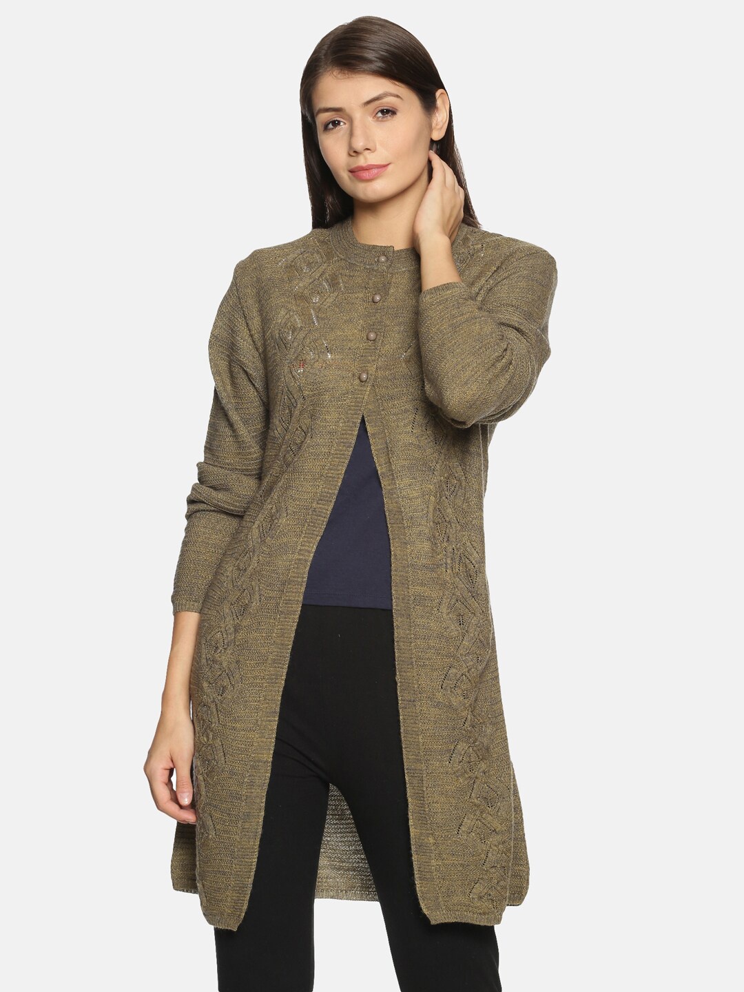 

CLAPTON Self Design Open Knit Woollen Longline Cardigan Sweaters, Green