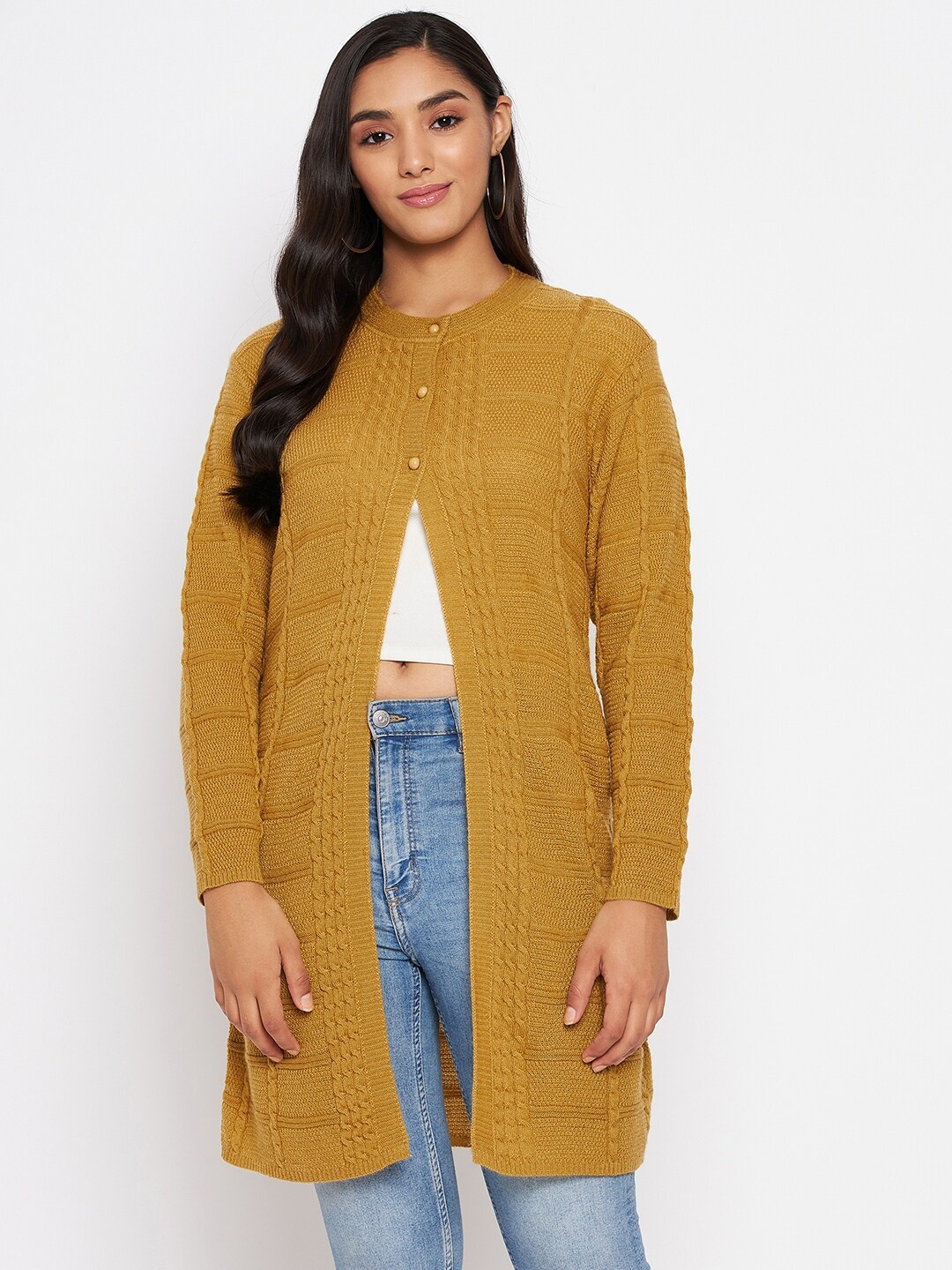 

CLAPTON Self Design Cable Knit Woollen Longline Cardigan Sweaters, Gold