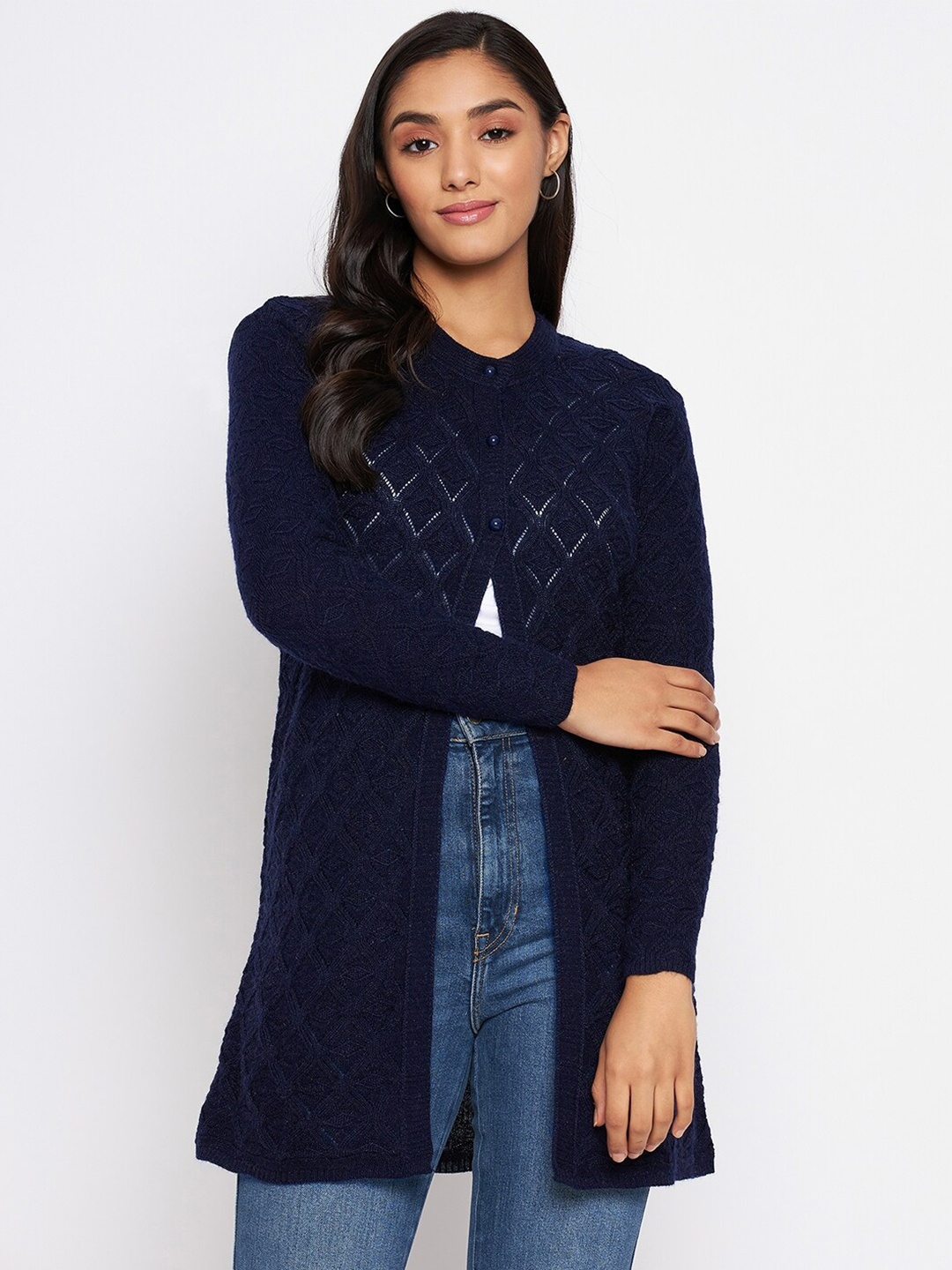 

CLAPTON Self Design Cable Knit Woollen Longline Cardigan Sweaters, Navy blue