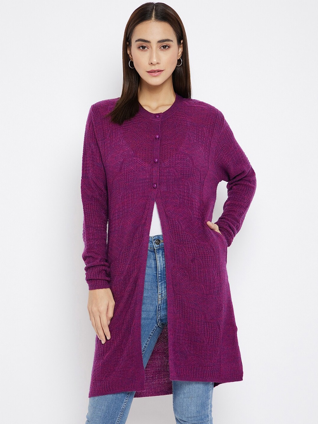 

CLAPTON Self Design Cable Knit Woollen Longline Cardigan Sweaters, Purple