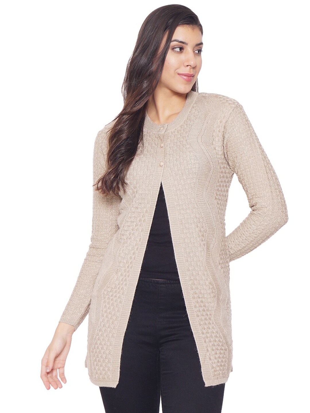 

CLAPTON Self Design Cable Knit Woollen Longline Cardigan Sweaters, Beige