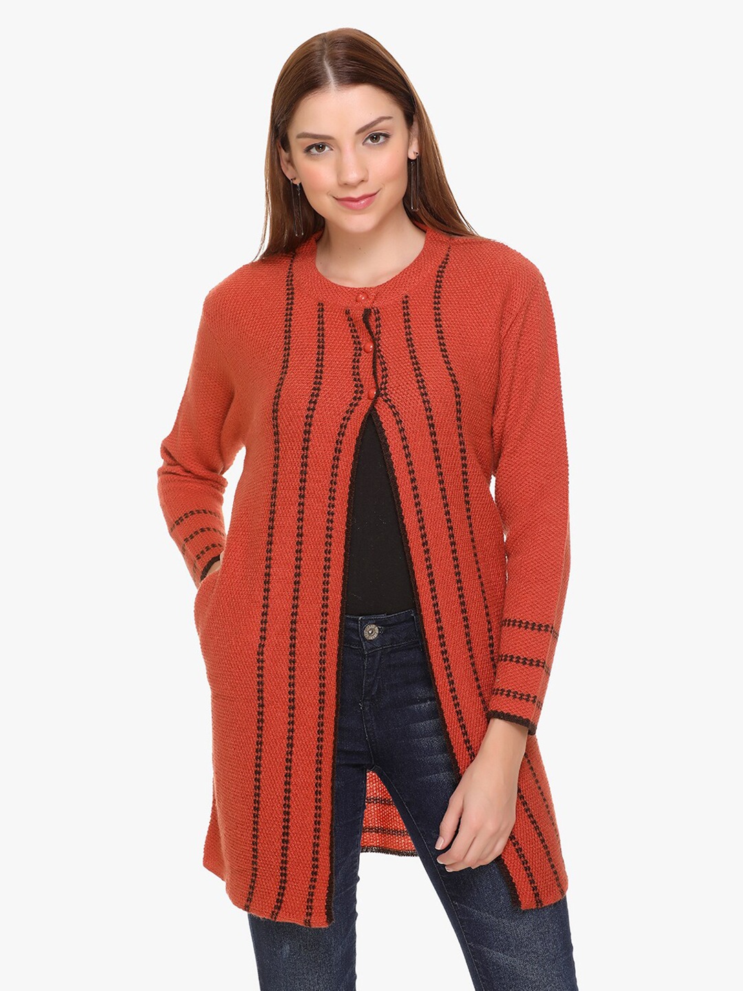 

CLAPTON Striped Woollen Longline Cardigan Sweaters, Rust