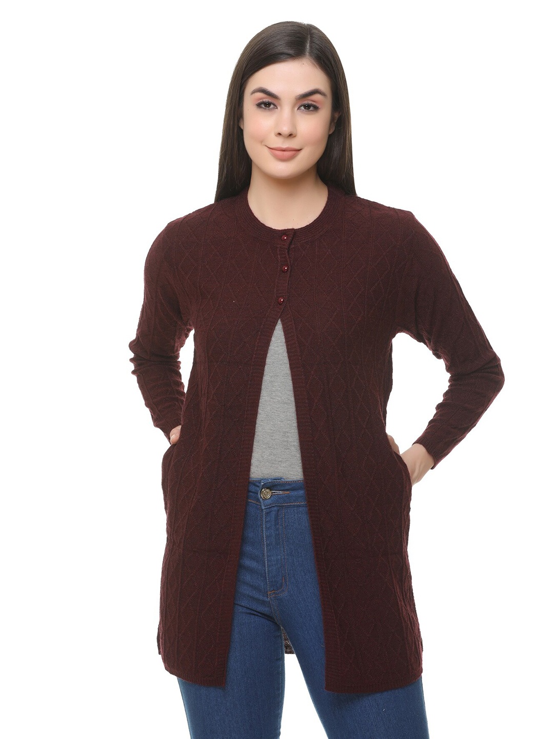 

CLAPTON Self Design Cable Knit Woollen Longline Cardigan Sweaters, Maroon