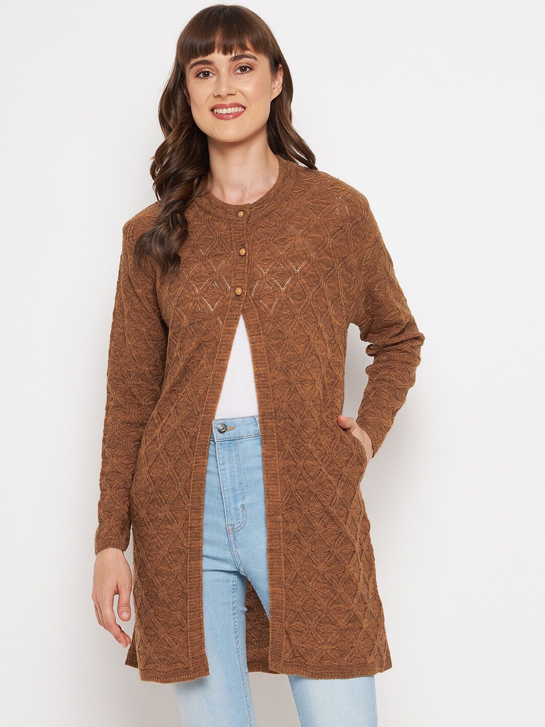 

CLAPTON Women Brown Cable Knit Woollen Longline Cardigan