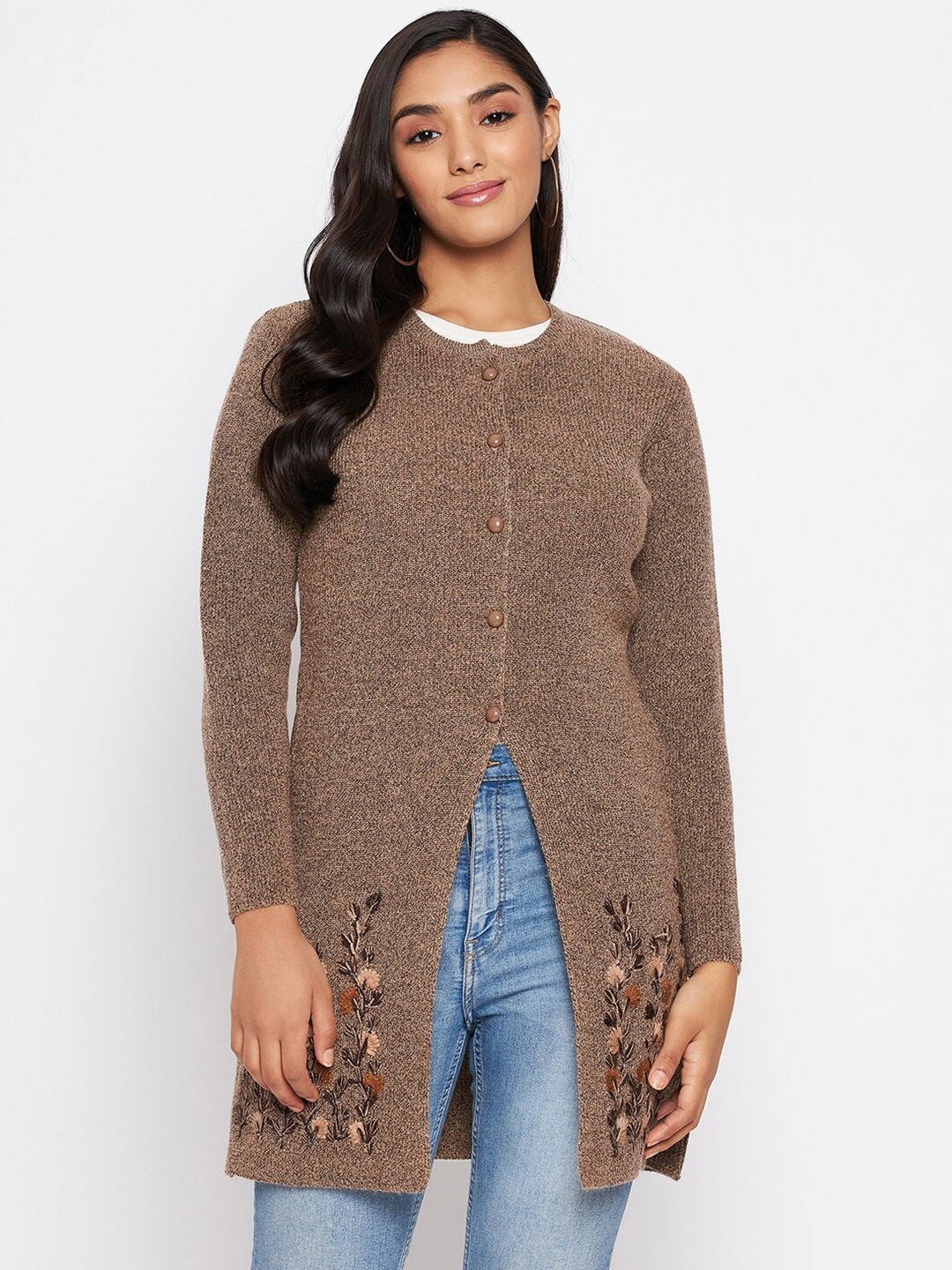 

CLAPTON Floral Embroidered Woollen Longline Cardigan Sweaters, Brown