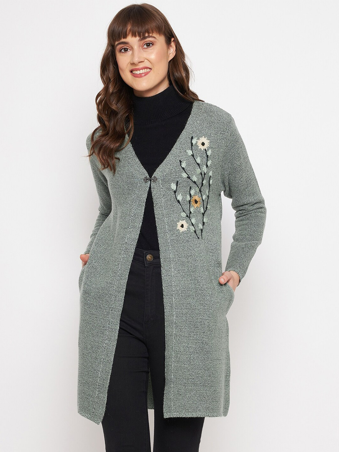 

CLAPTON Women Lime Green & White Floral Woollen Longline with Embroidered Detail