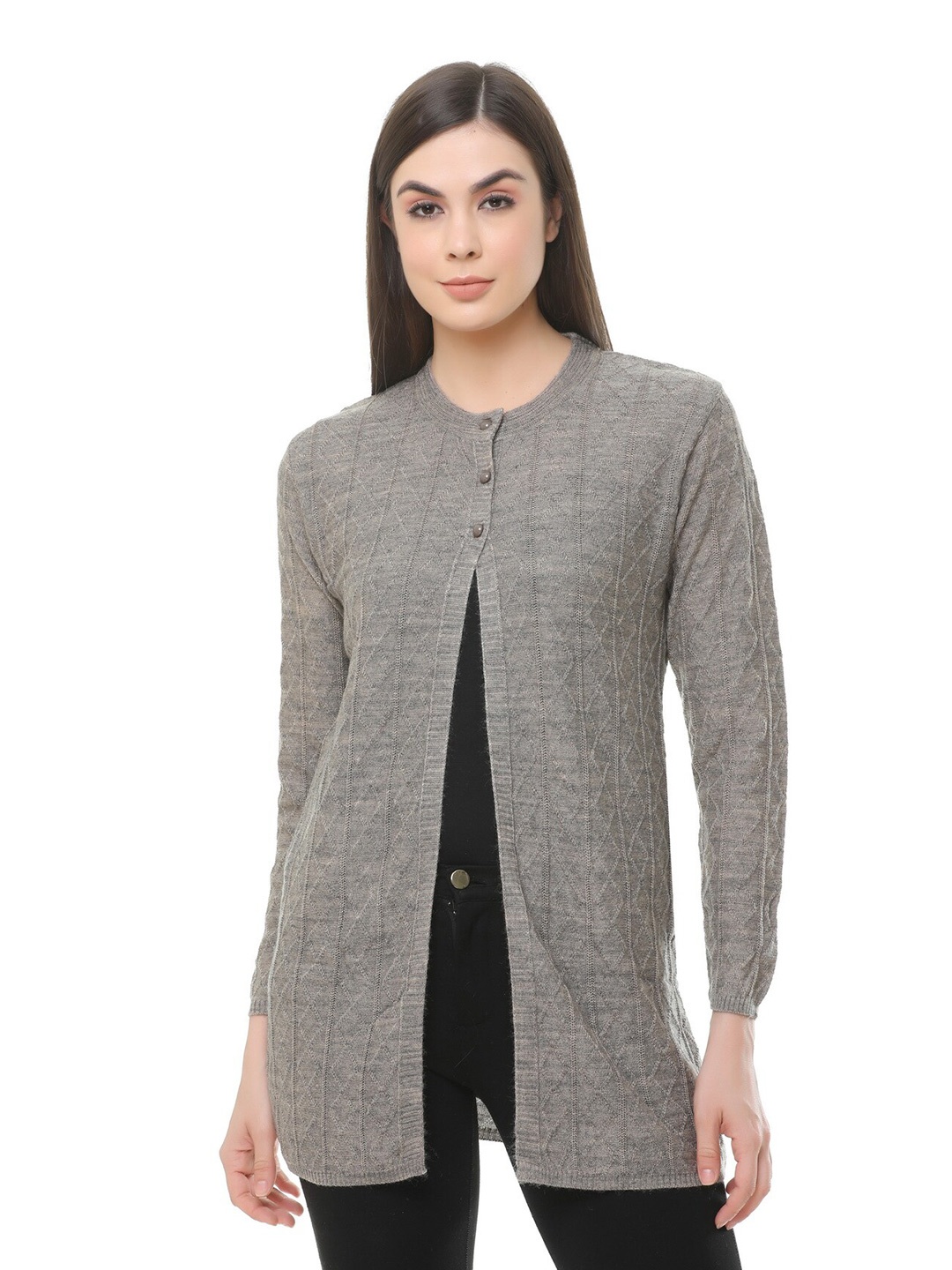 

CLAPTON Self Design Cable Knit Woollen Longline Cardigan Sweaters, Grey