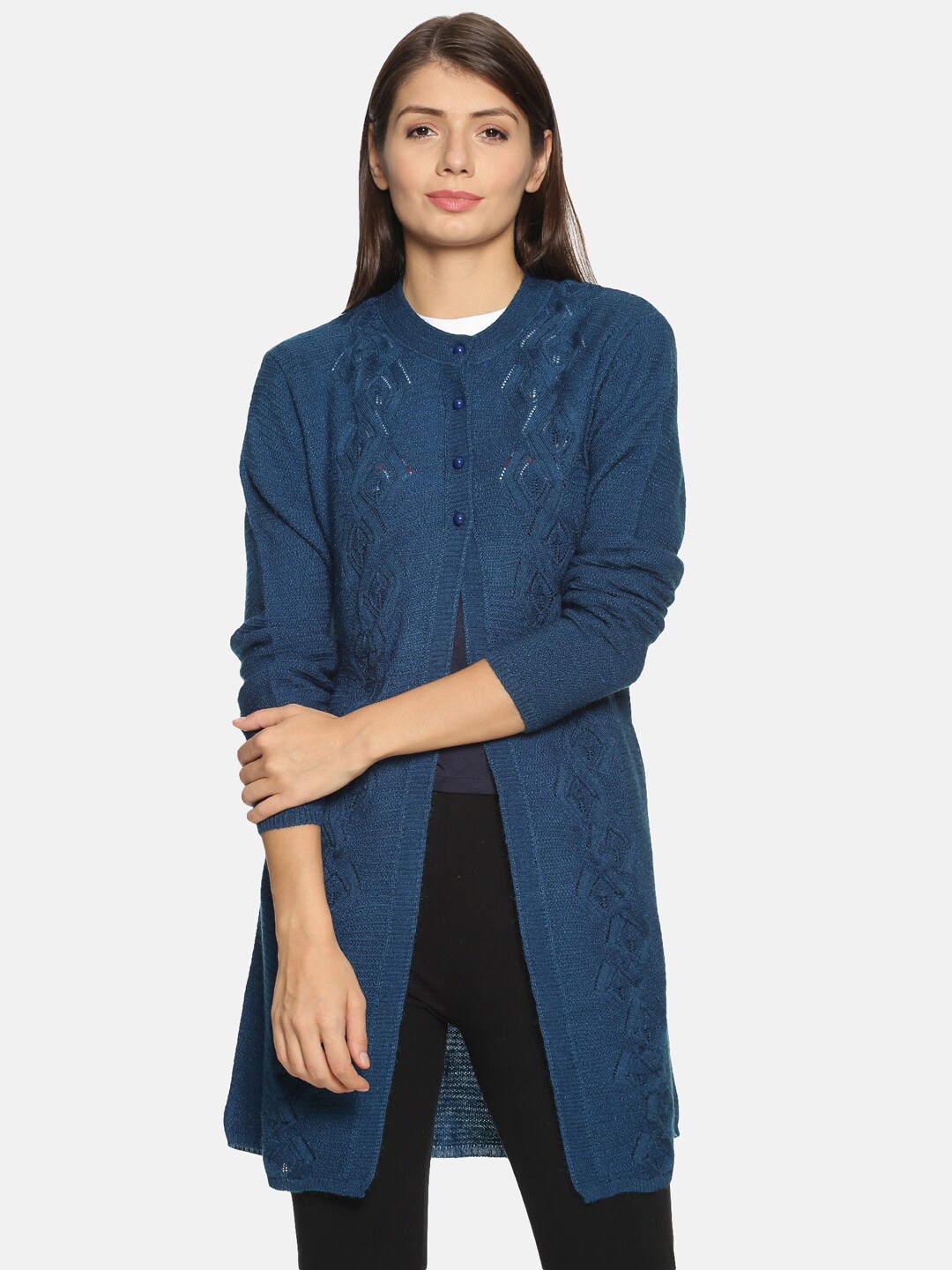 

CLAPTON Self Design Open Knit Woollen Longline Cardigan Sweaters, Navy blue