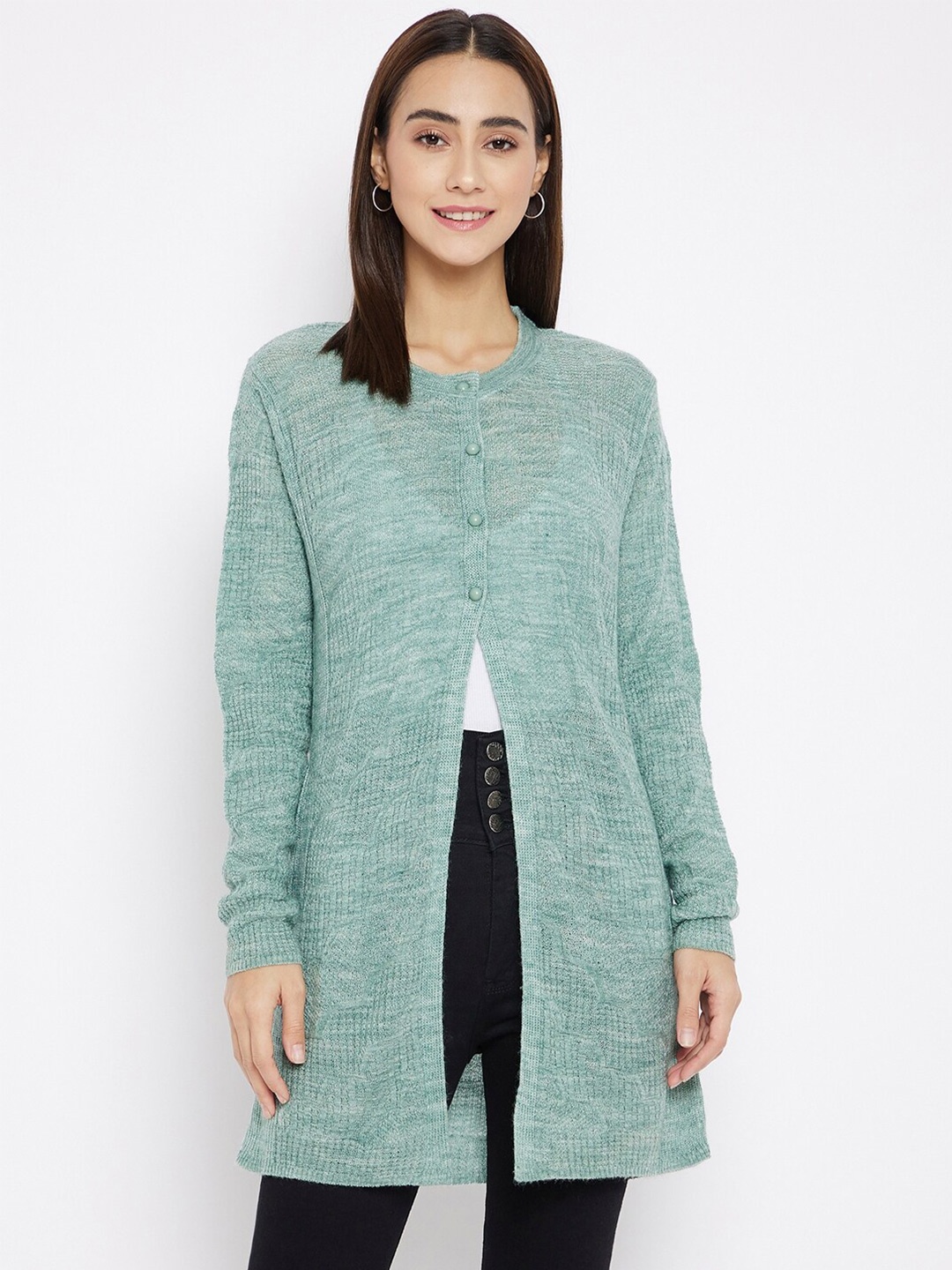 

CLAPTON Self Design Cable Knit Woollen Longline Cardigan Sweaters, Turquoise blue
