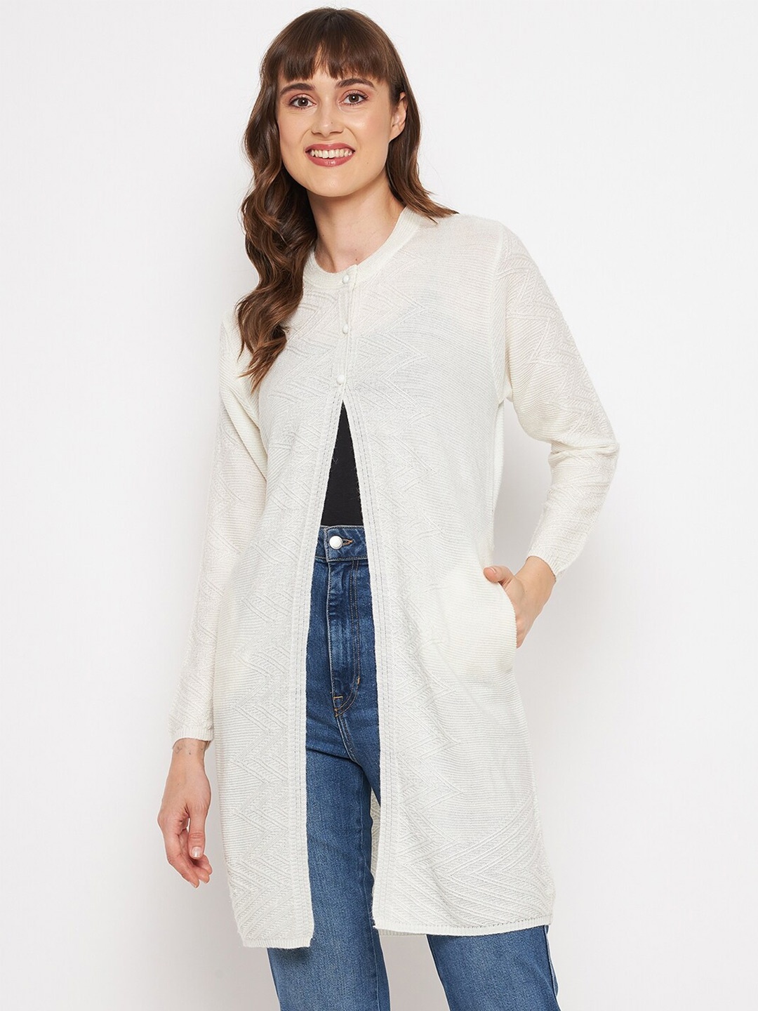 

CLAPTON Self Design Cable Knit Woollen Longline Cardigan Sweaters, White