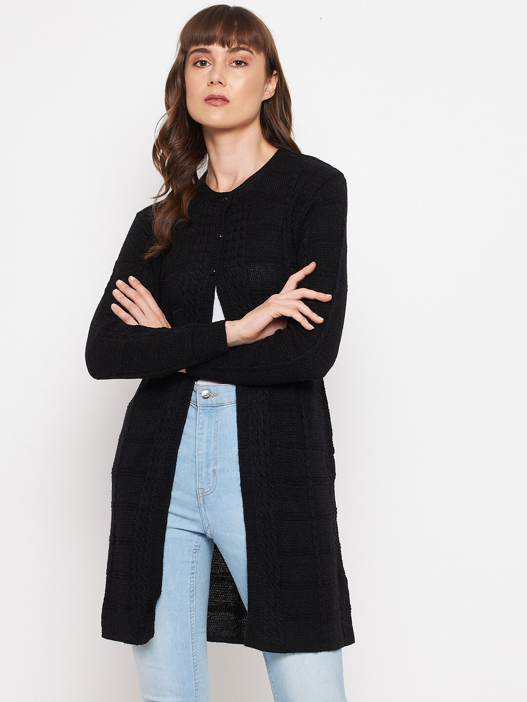 

CLAPTON Self Design Cable Knit Woollen Longline Cardigan Sweaters, Black