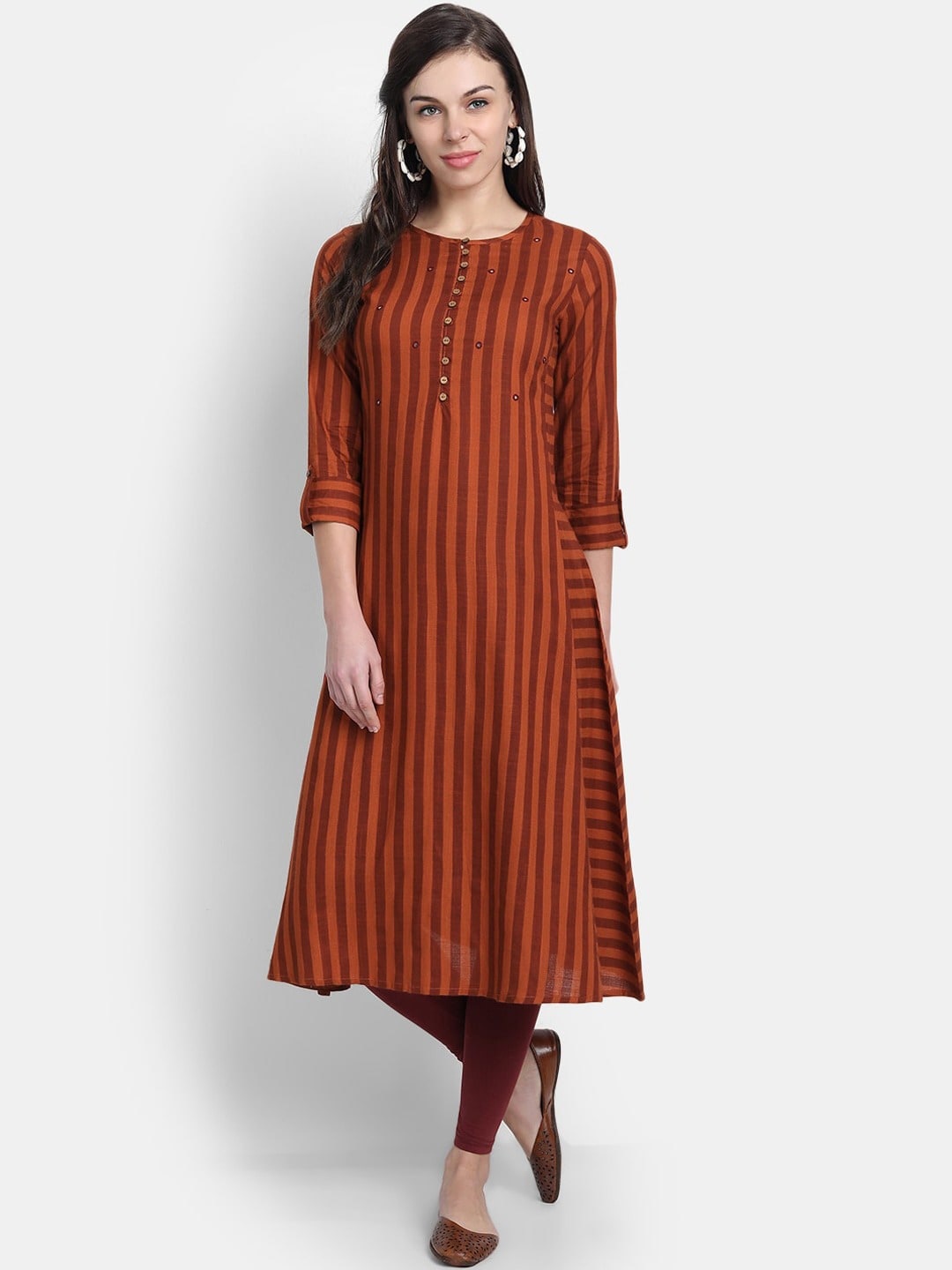 

SUTI Striped Mirror Work A-Line Kurta, Rust