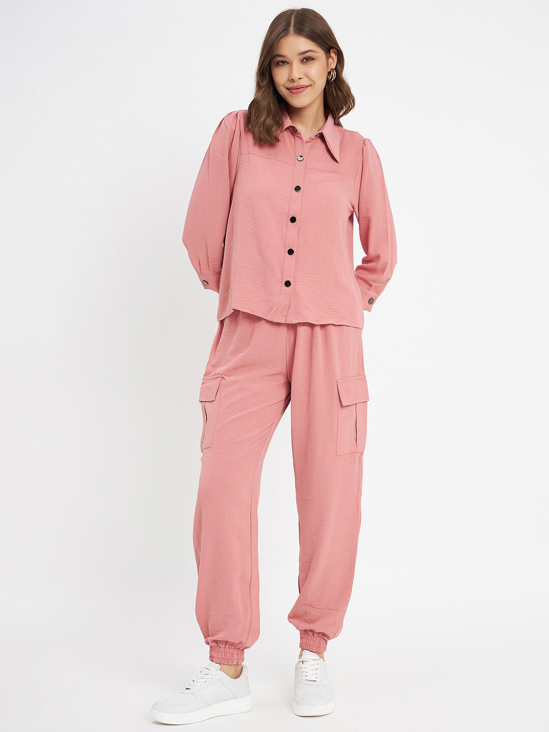 

Madame Shirt Collar Long Sleeves Shirt with Joggers, Peach