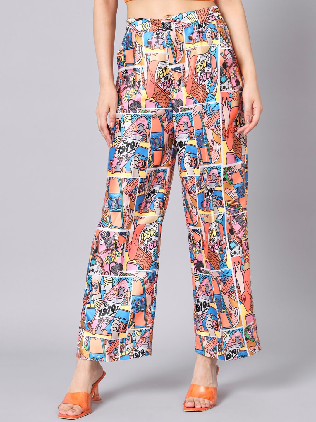 

The Dry State Women Conversational Printed Straight Fit High-Rise Parallel Trousers, Orange