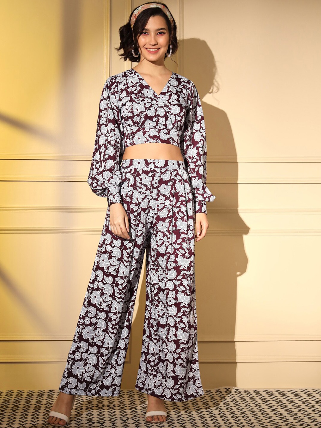 

SHUBHVASTRA Floral Printed Top & Palazzos, Maroon