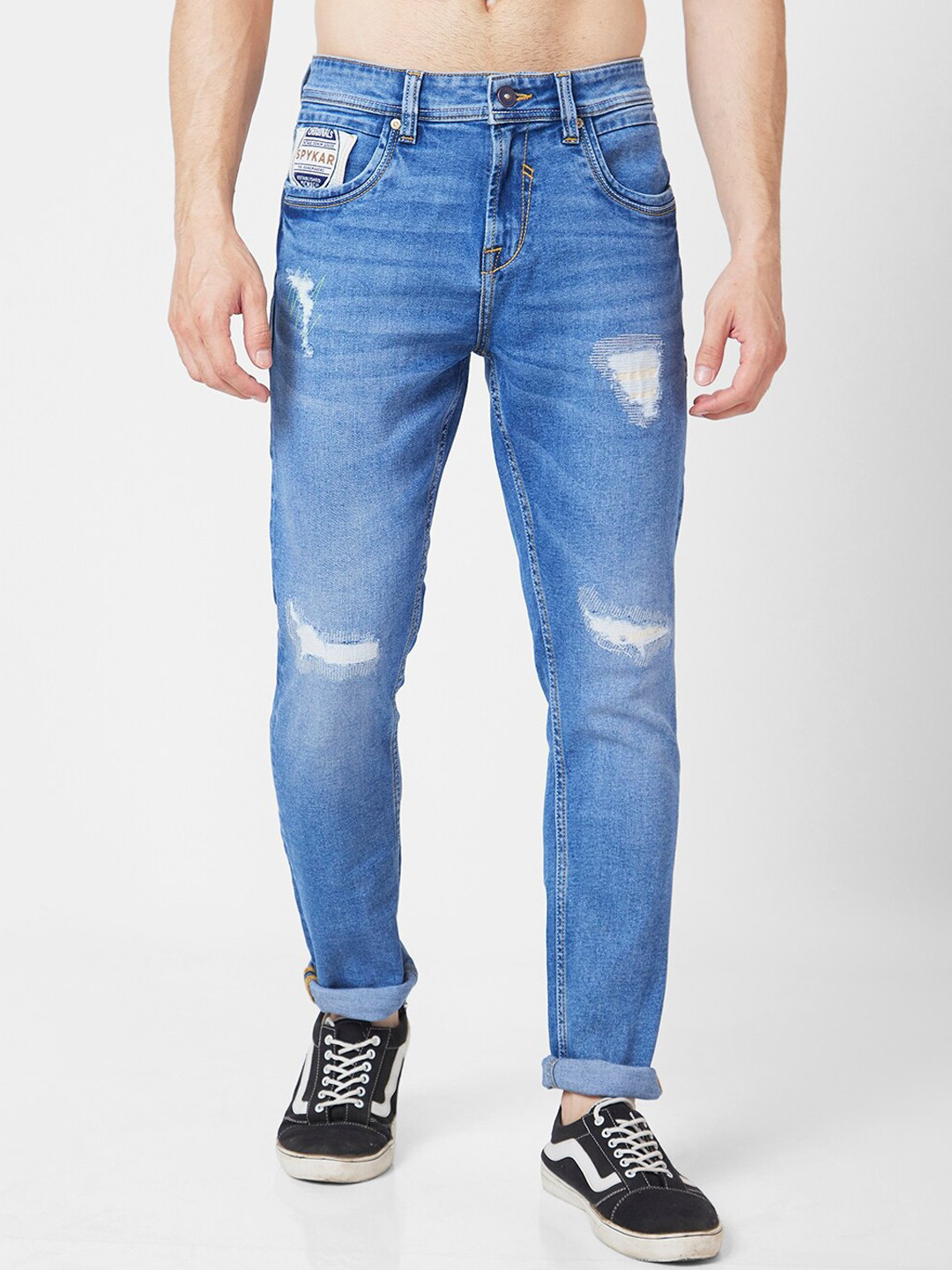 

SPYKAR Men Slim Fit Light Fade Mildly Distressed Low-Rise Stretchable Jeans, Blue
