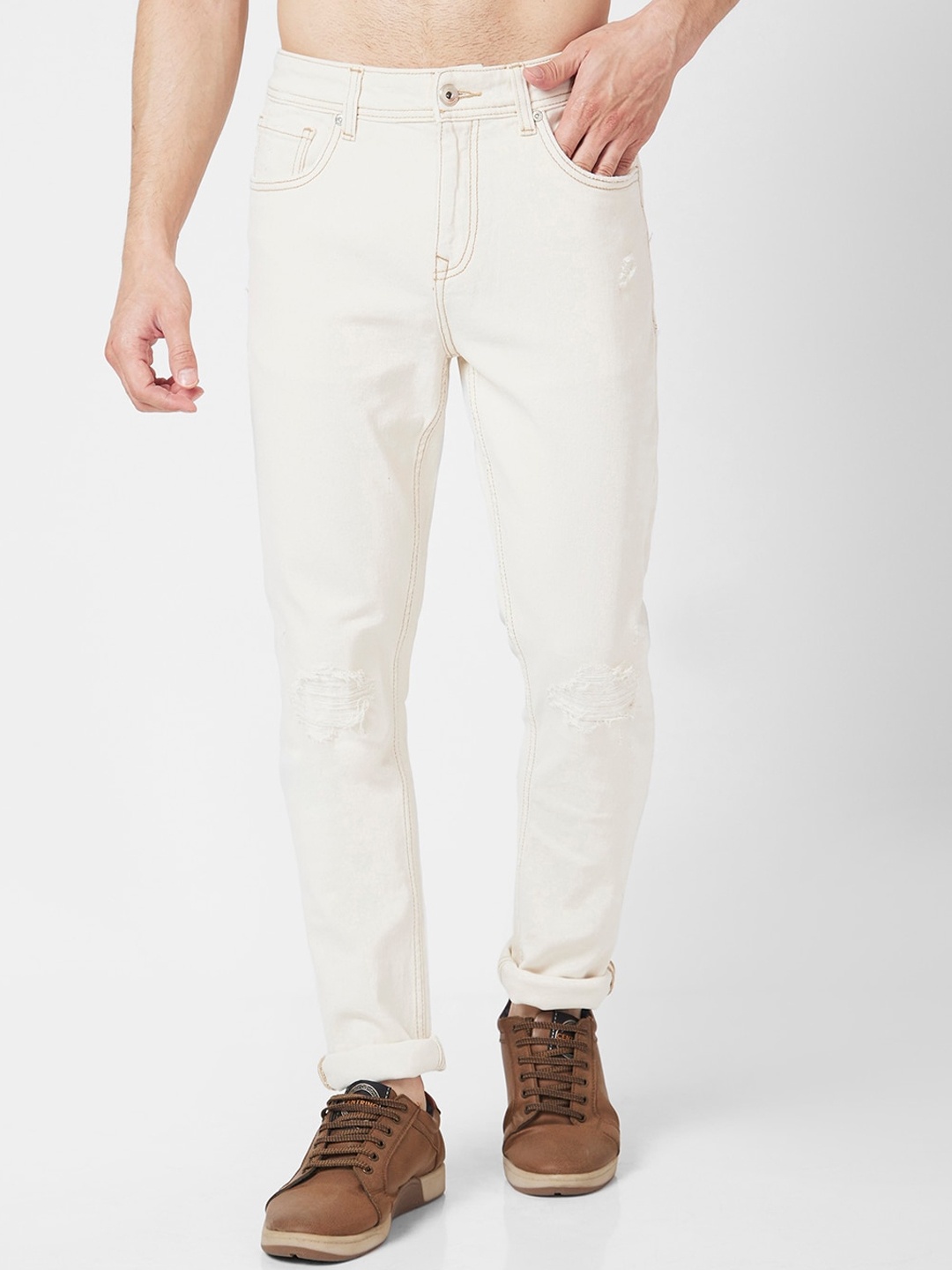 

SPYKAR Men Cotton Skinny Fit Low-Rise Low Distressed Jeans, White