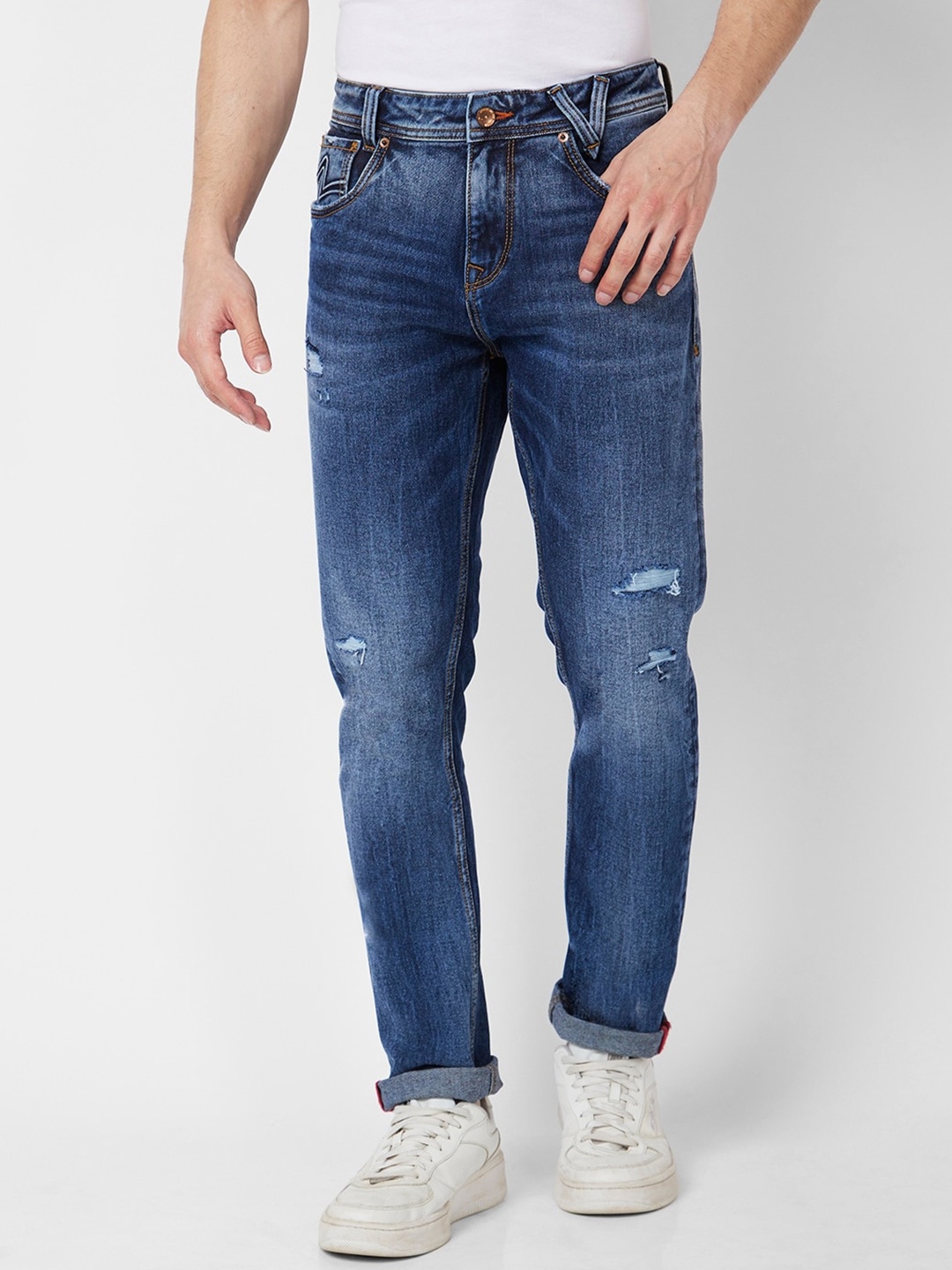 

SPYKAR Men Skinny Fit Mid-Rise Mildly Distressed Heavy Fade Stretchable Jeans, Blue