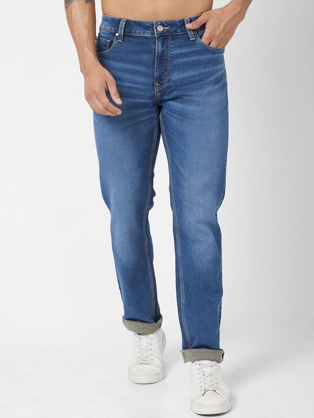 

SPYKAR Men Clean Look Straight Fit Heavy Fade Stretchable Jeans, Blue