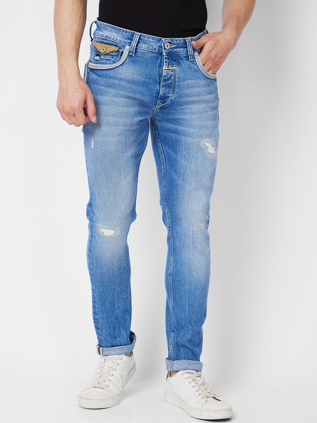 

SPYKAR Men Slim Fit Narrow Low-Rise Mildly Distressed Heavy Fade Jeans, Blue