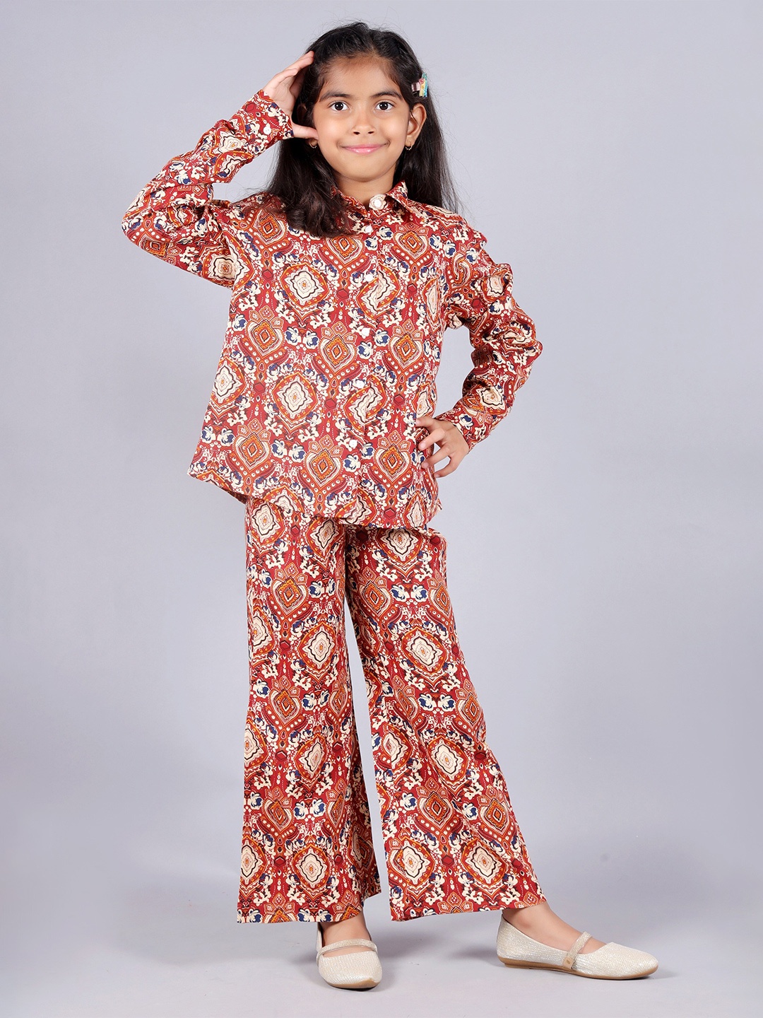 

misbis Girls Ethnic Printed Shirt with Palazzos, Red