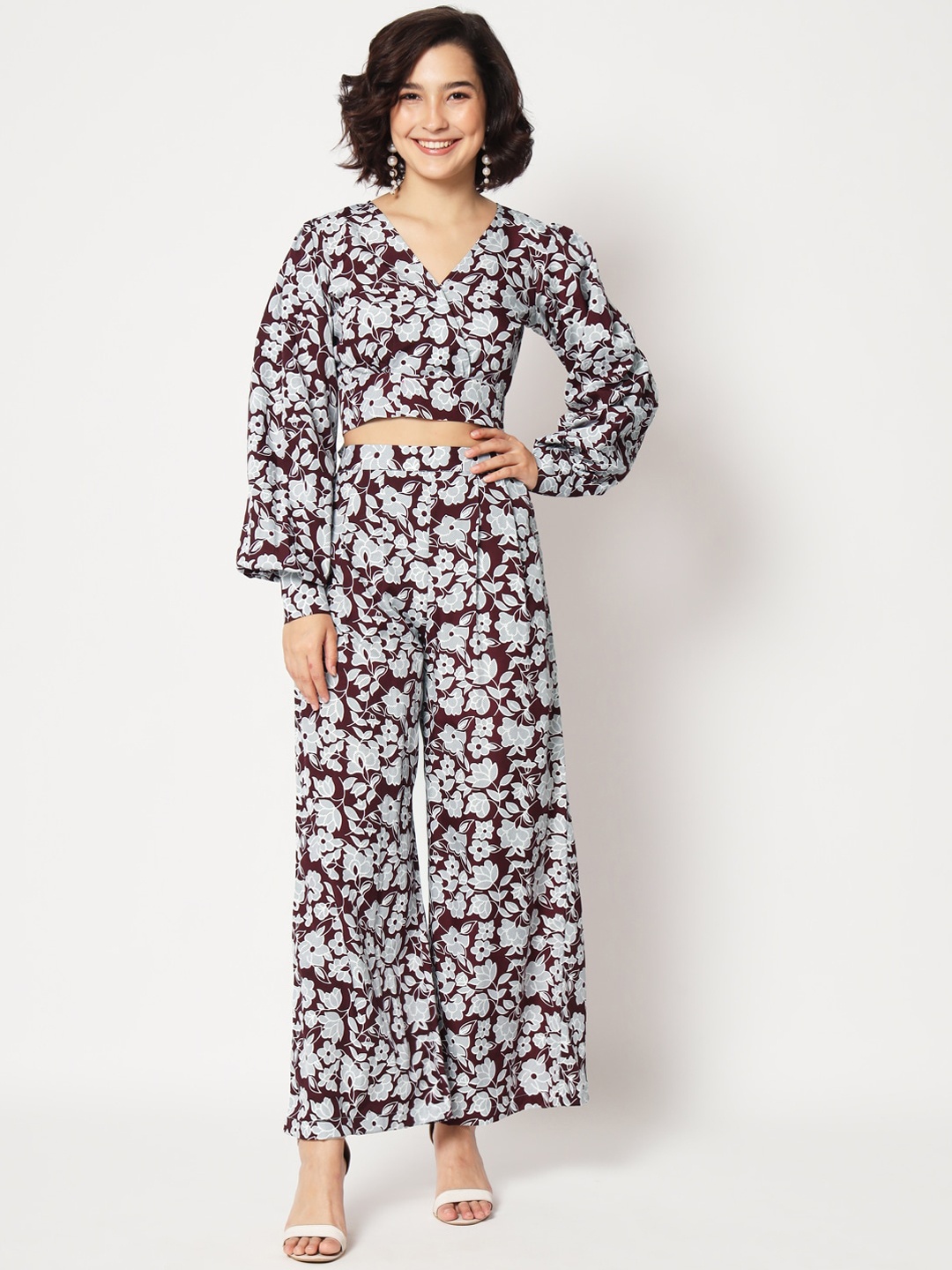 

Mitera Printed Puffed Sleeves Top & Palazzos, Maroon