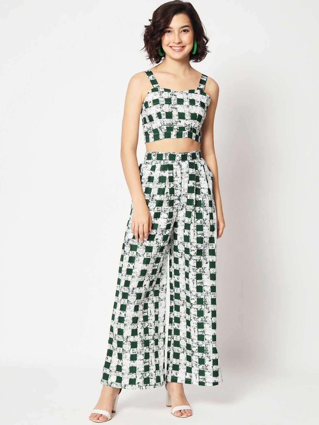 

Mitera Checked Top With Palazzos & Shrug, Green