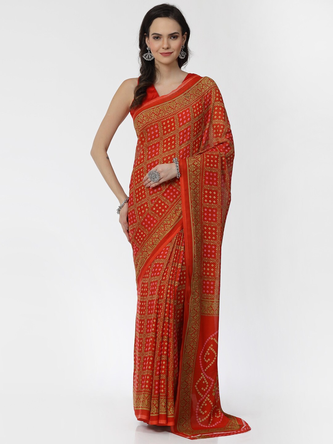 

KALINI Bandhani Printed Zari Poly Georgette Saree, Red