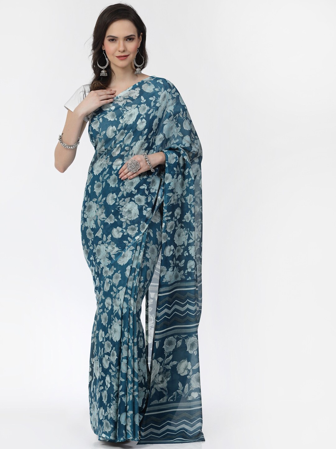 

KALINI Floral Printed Poly Georgette Saree, Blue