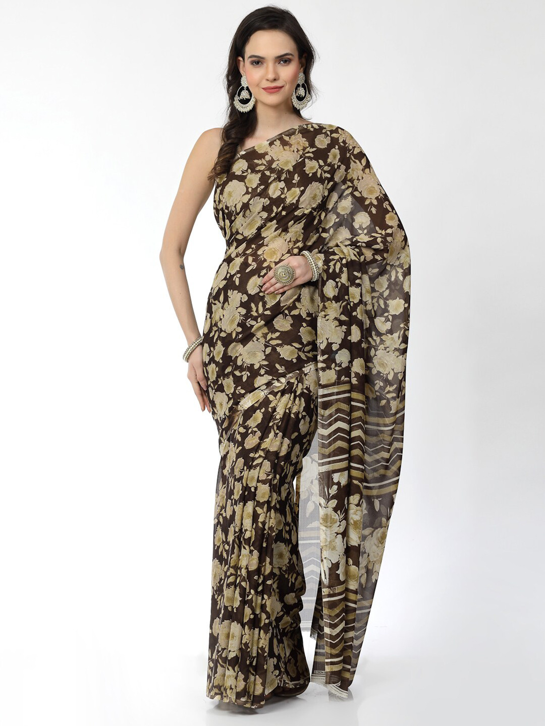 

KALINI Floral Printed Poly Georgette Saree, Brown
