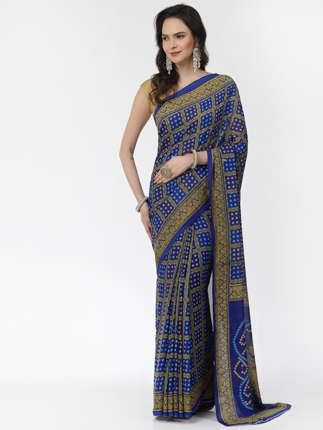 

KALINI Bandhani Printed Zari Poly Georgette Saree, Blue