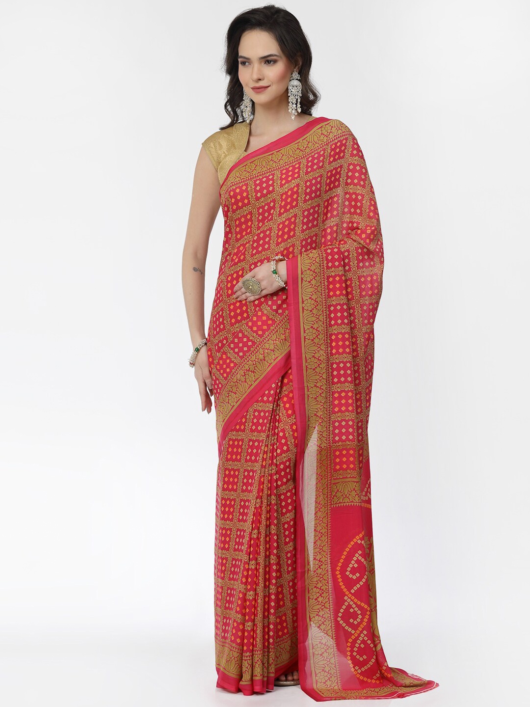 

KALINI Bandhani Printed Zari Poly Georgette Saree, Blue