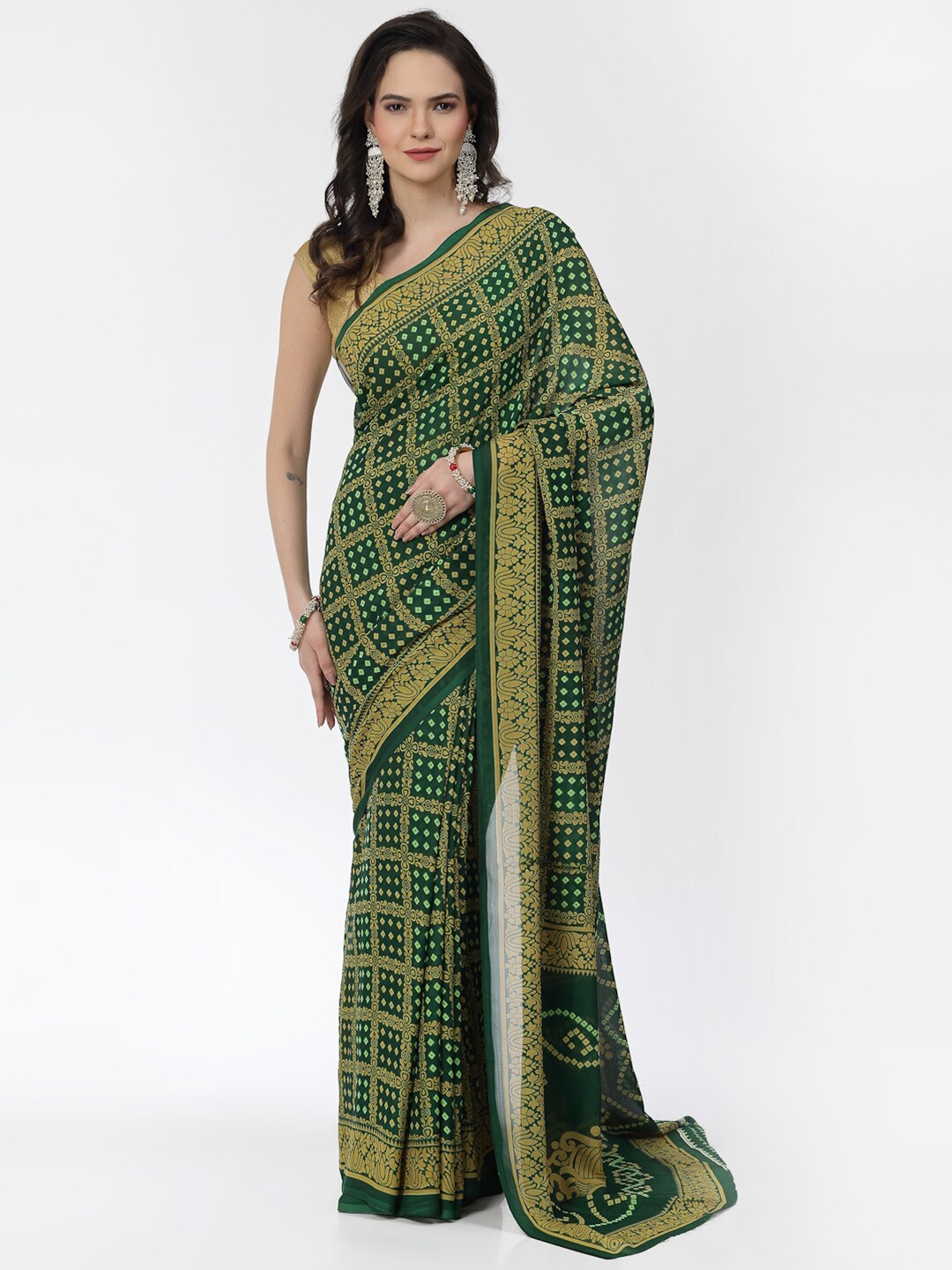 

KALINI Bandhani Printed Zari Poly Georgette Saree, Red