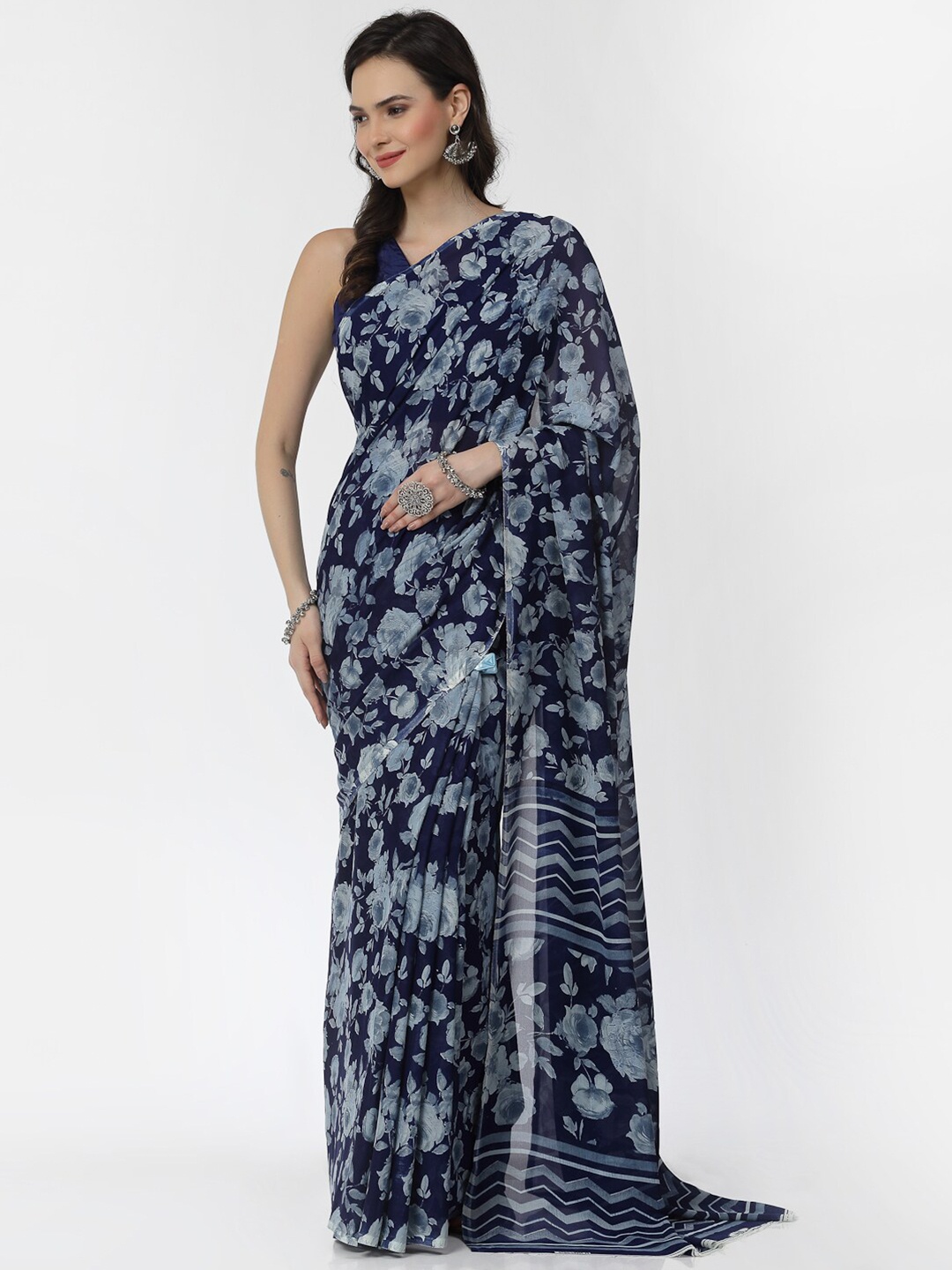 

KALINI Floral Printed Poly Georgette Saree, Navy blue