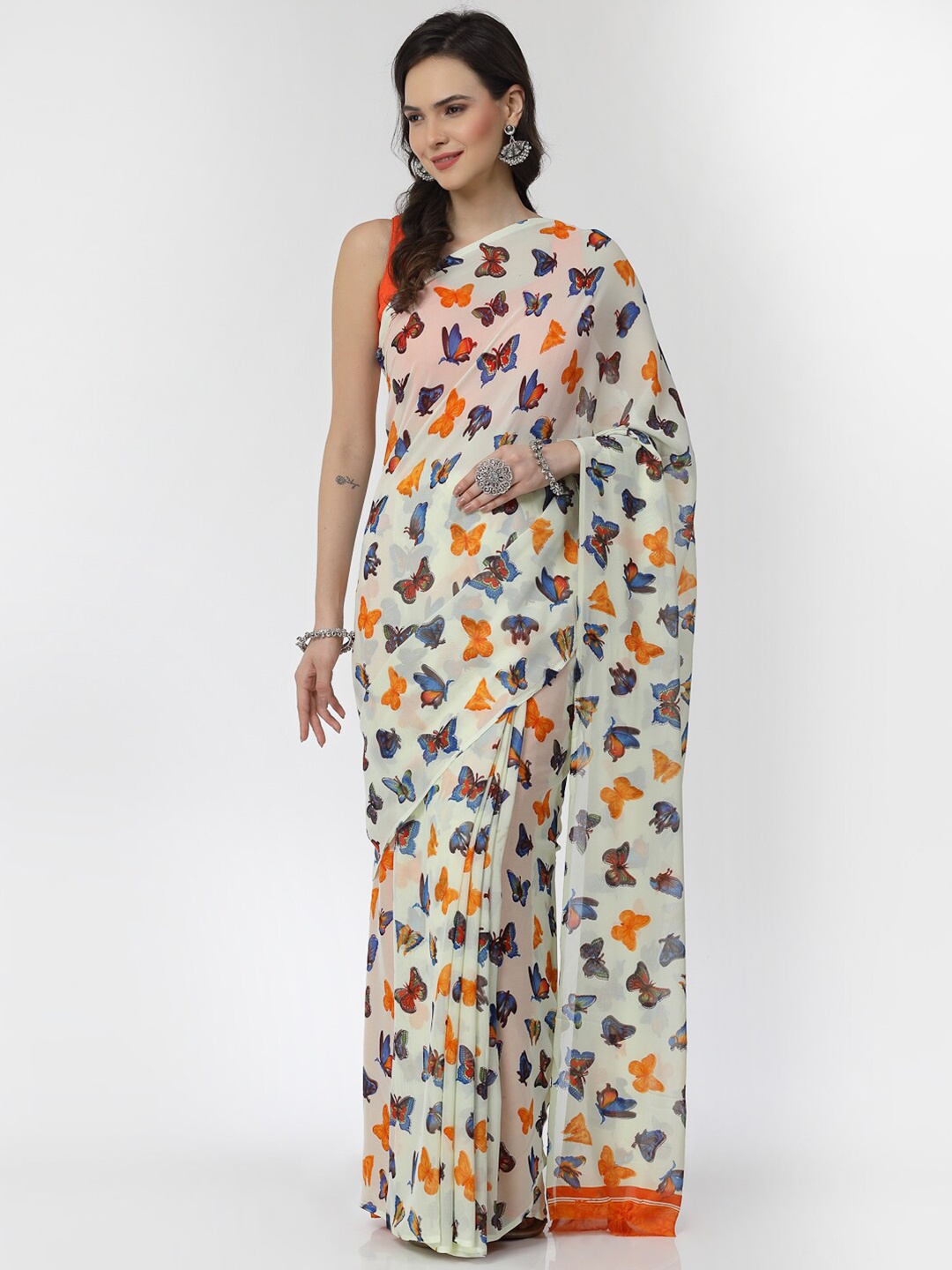 

KALINI Abstract Printed Poly Georgette Saree, Cream