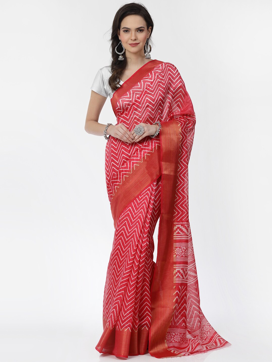 

KALINI Geometric Printed Zari Pure Cotton Saree, Red