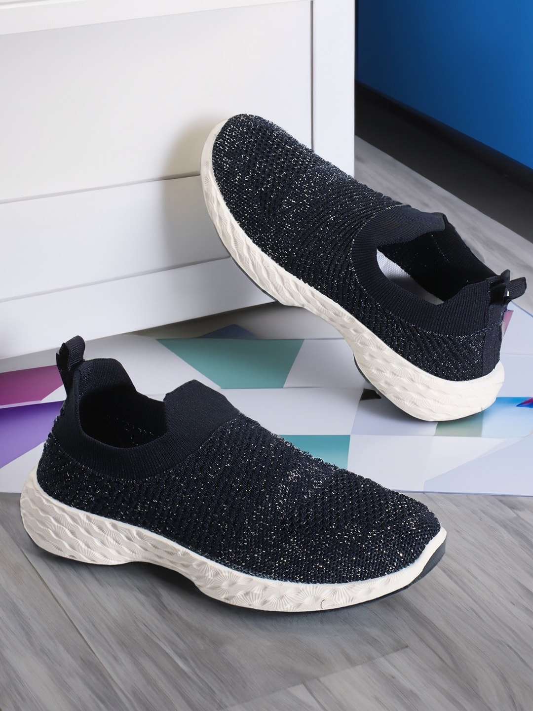 

Carlton London sports Women Textured Lightweight Slip-On Sneakers, Navy blue