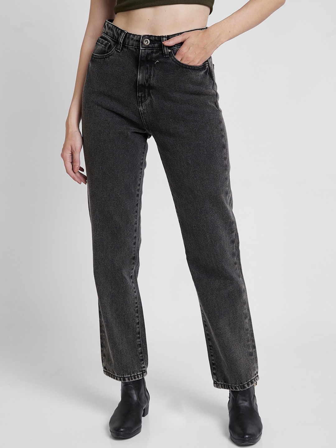 

SPYKAR Women Straight Fit Clean Look High-Rise Cotton Jeans, Grey